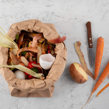 Kompost od ostataka hrane na slici prikazan u kesi na radnom stolu u kuhinji.