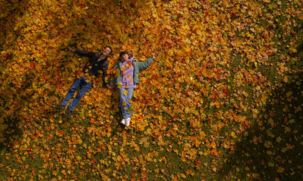 Slika pokazuje dvoje ljudi u lišću, što je česta scena za romantične komedije.